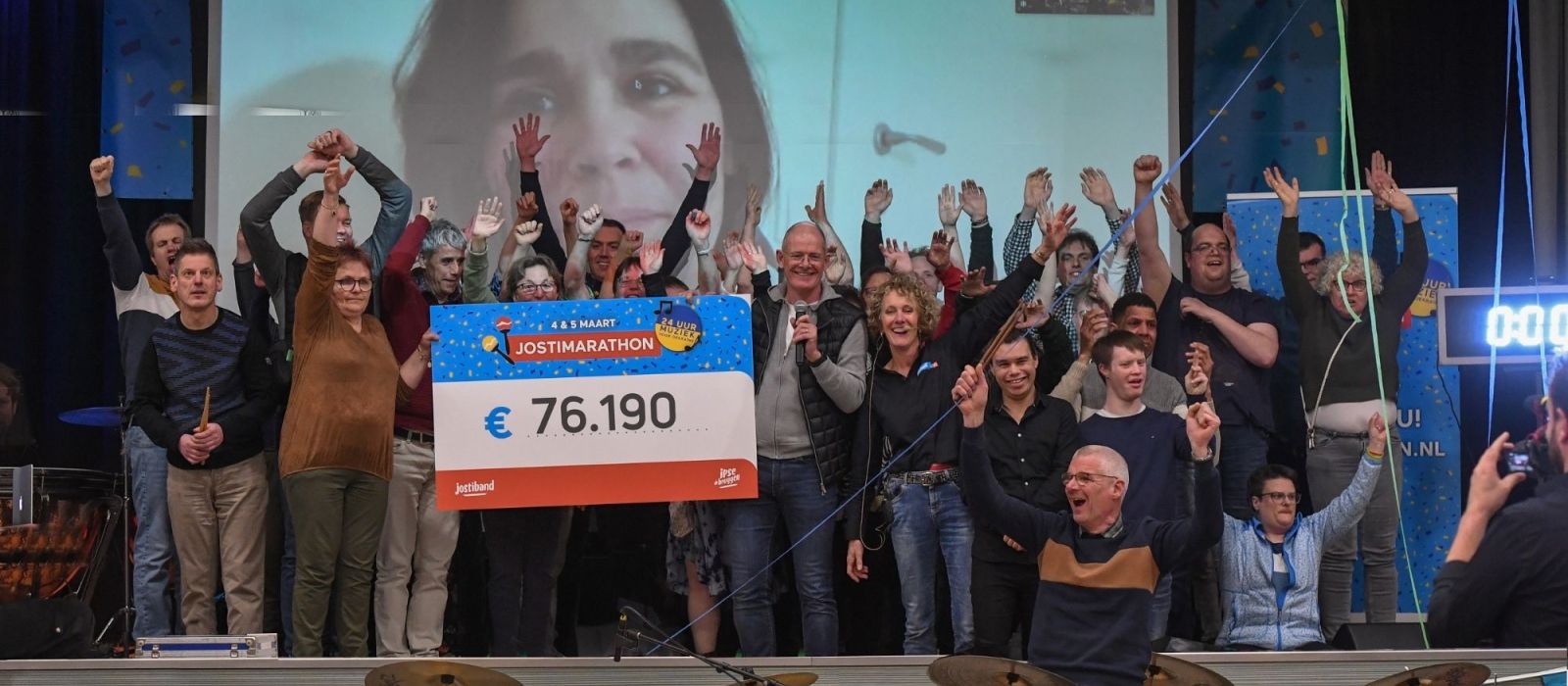 foto van de jostibandleden en de cheque met daarop de opbrengst voor Oekraïne