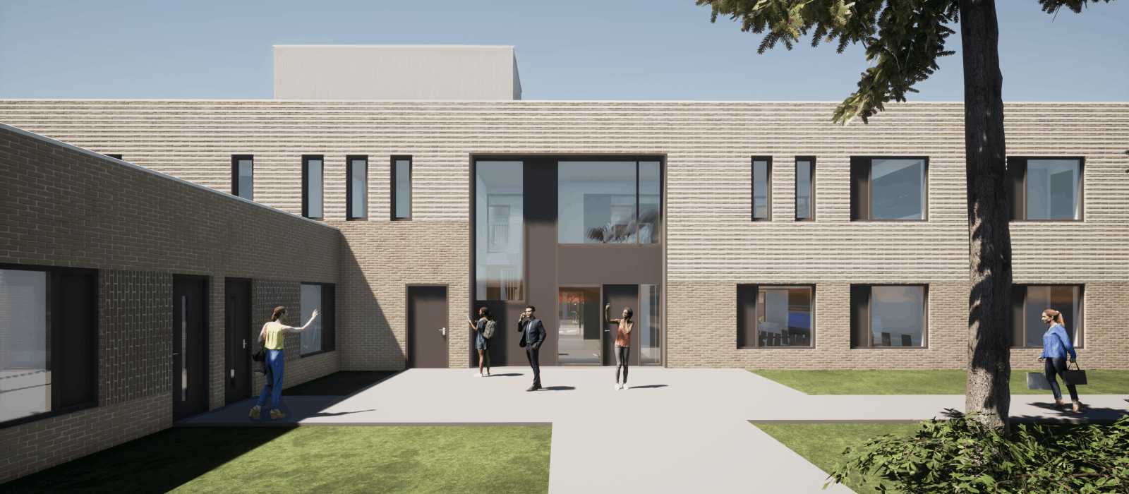 Een ontwerptekening met fotorealistische beelden van een groot gebouw met beige bakstenen met een plein en groen gras.