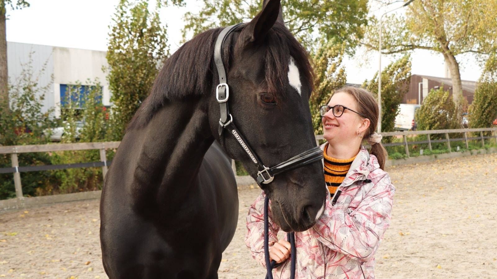 Een medewerker met paard bij de Manege